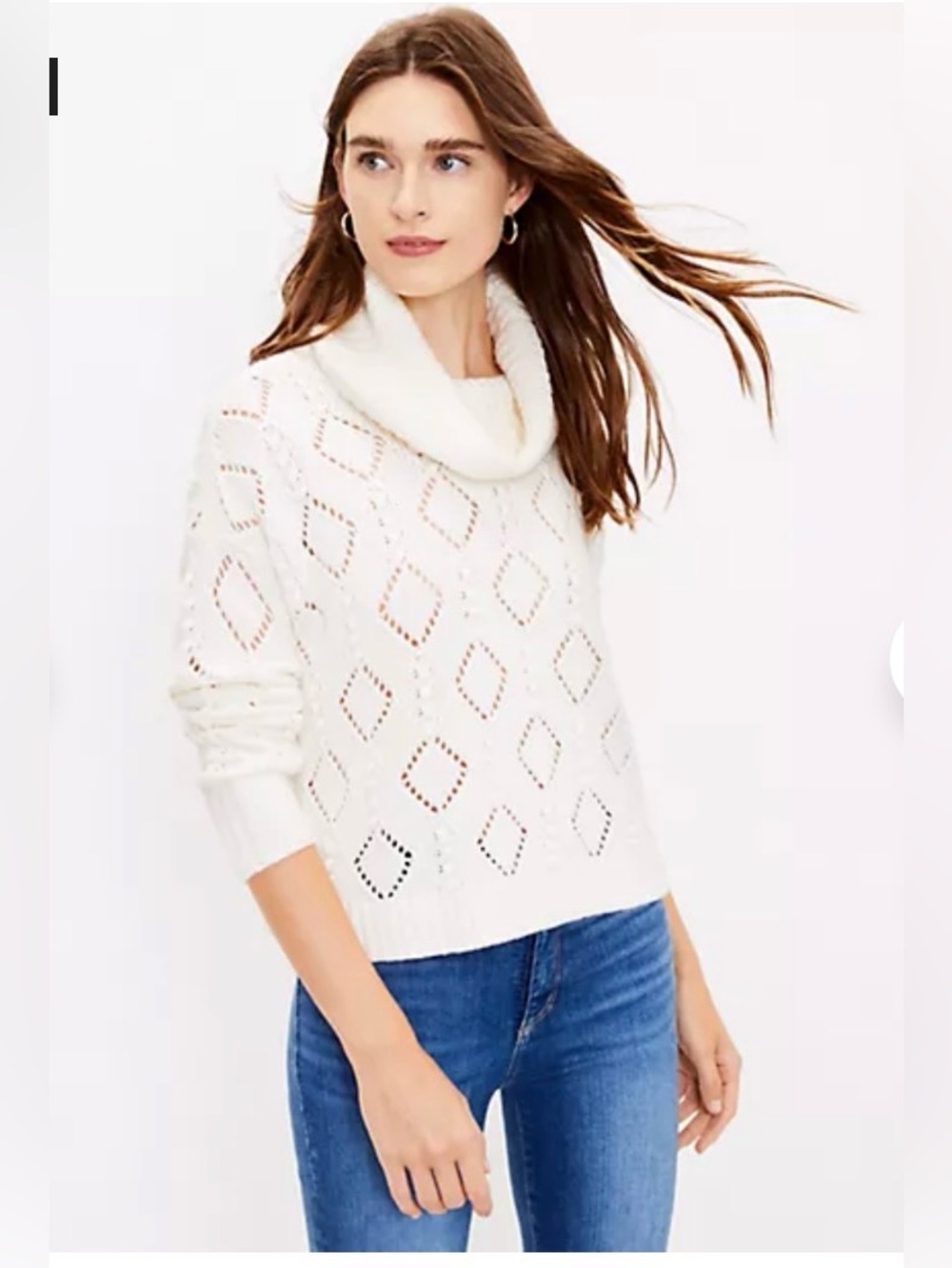 LOFT Bobble Diamond Pointelle Turtleneck Sweater Open Knit Off-White Size XSmall